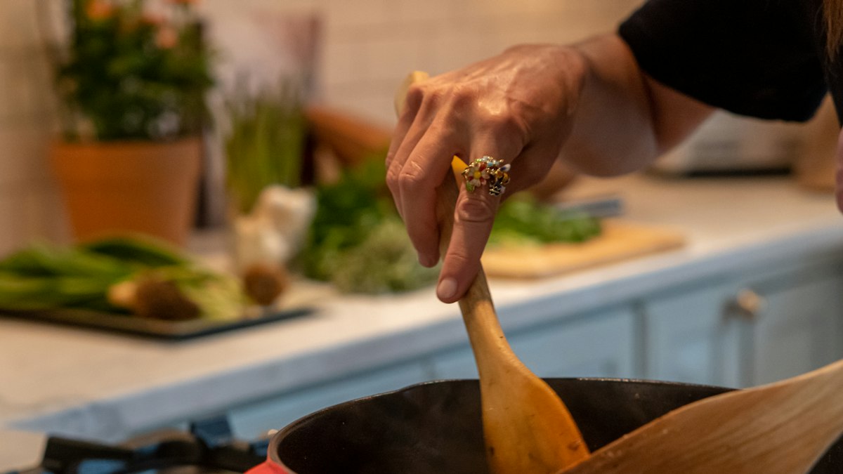 Olive oil swirled in a nonstick pan over a low flame